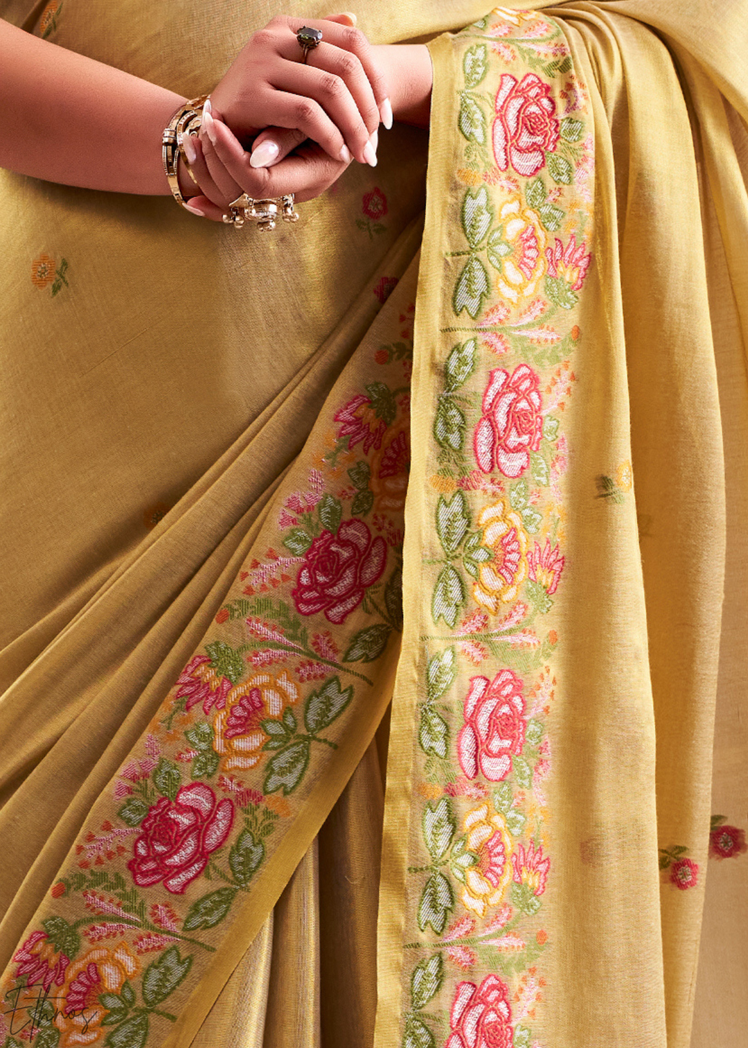 Metallic Beige Rose Border Saffron Tissue Saree