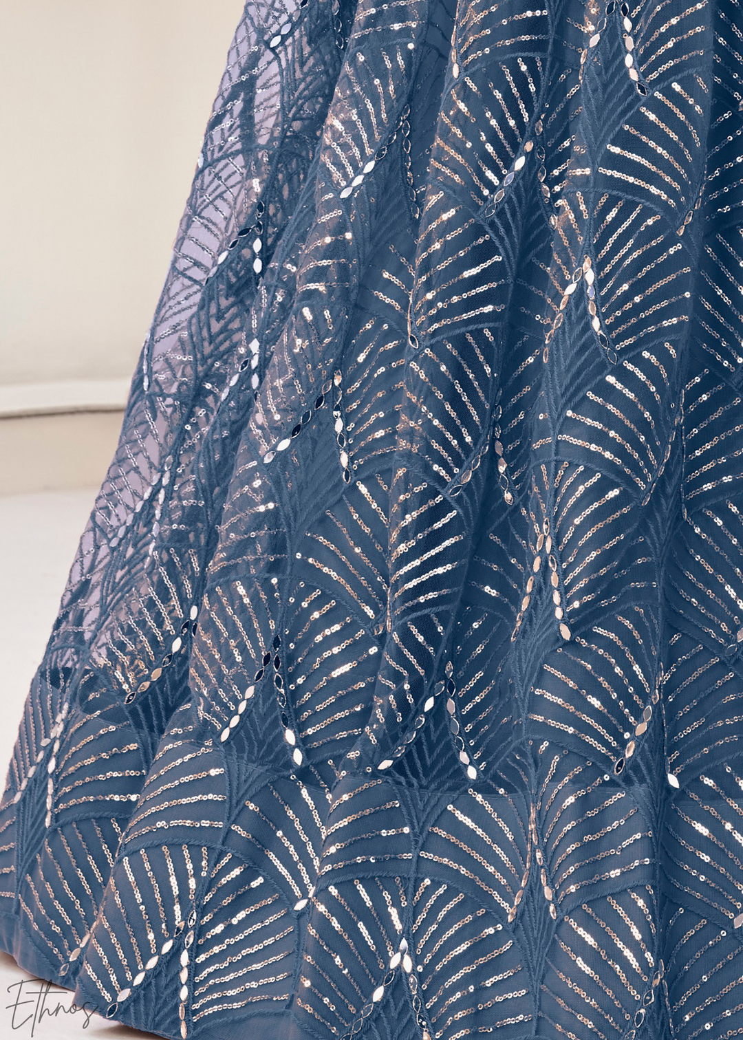 Metallic Blue Chevron Tiers Net Lehenga