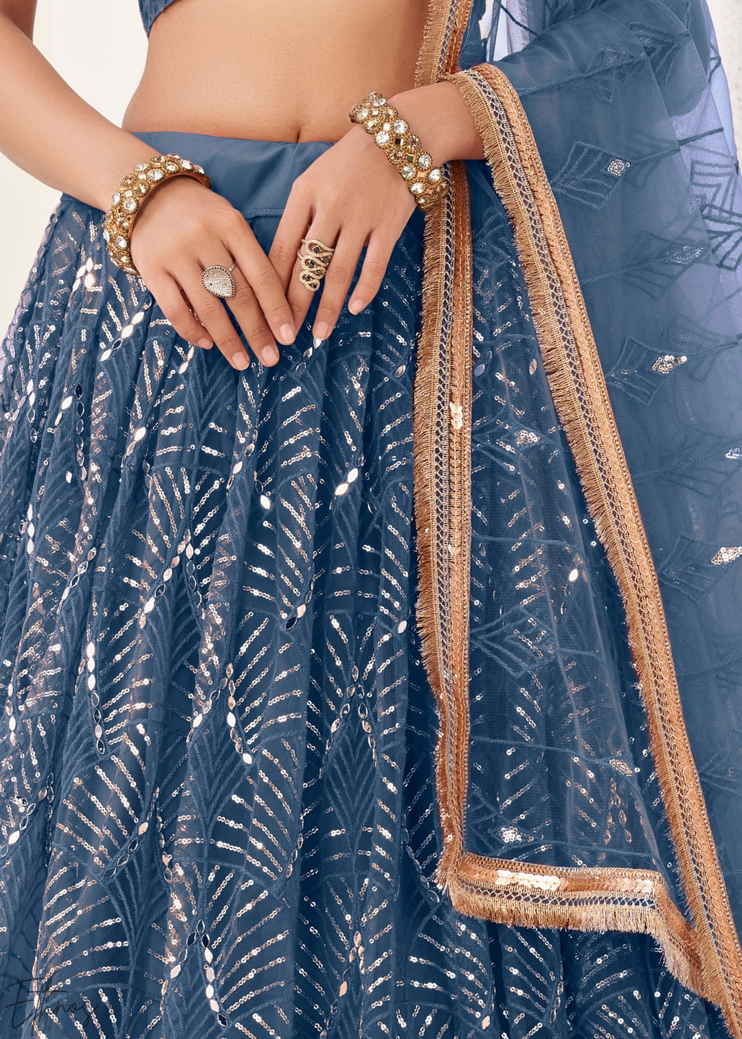 Metallic Blue Chevron Tiers Net Lehenga