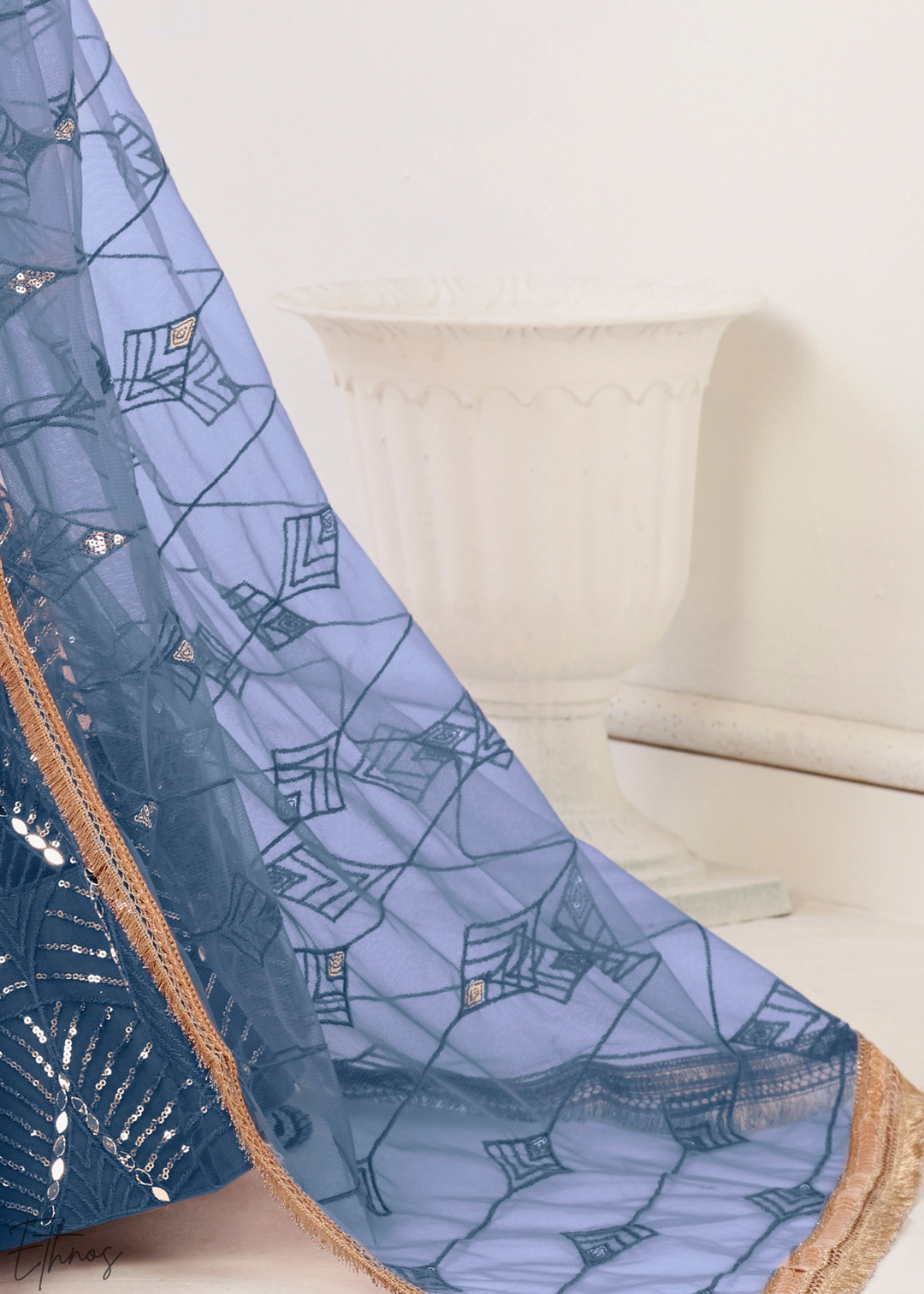 Metallic Blue Chevron Tiers Net Lehenga