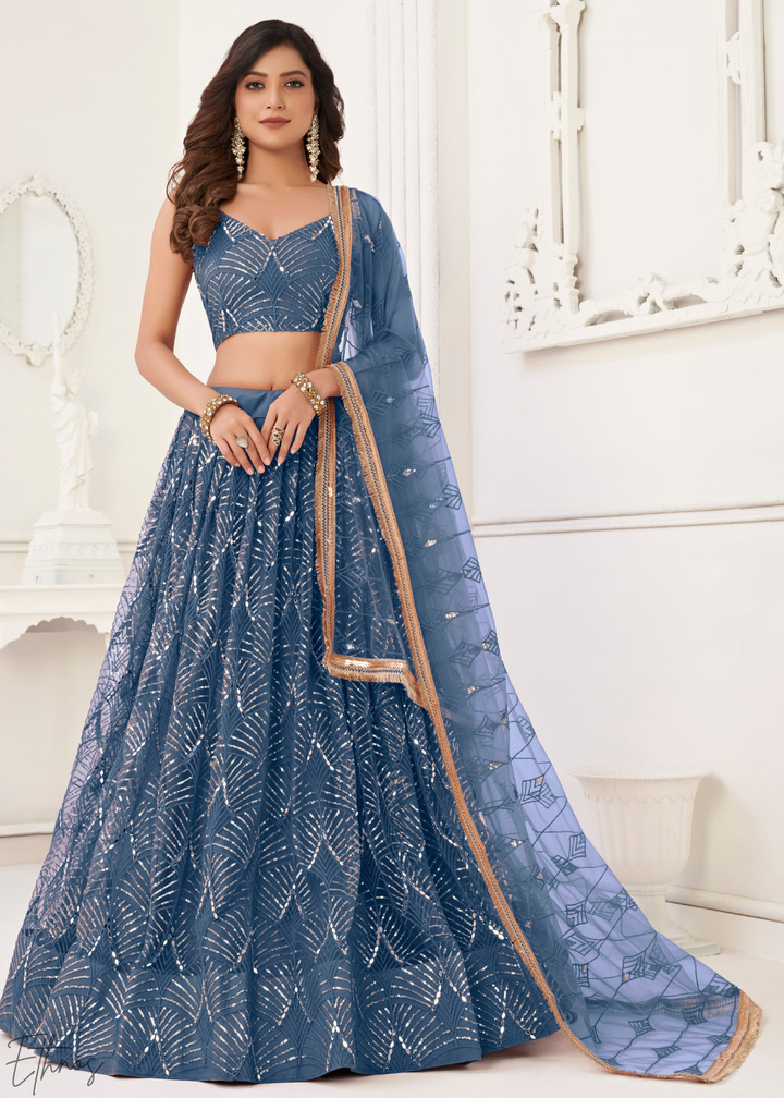 Metallic Blue Chevron Tiers Net Lehenga
