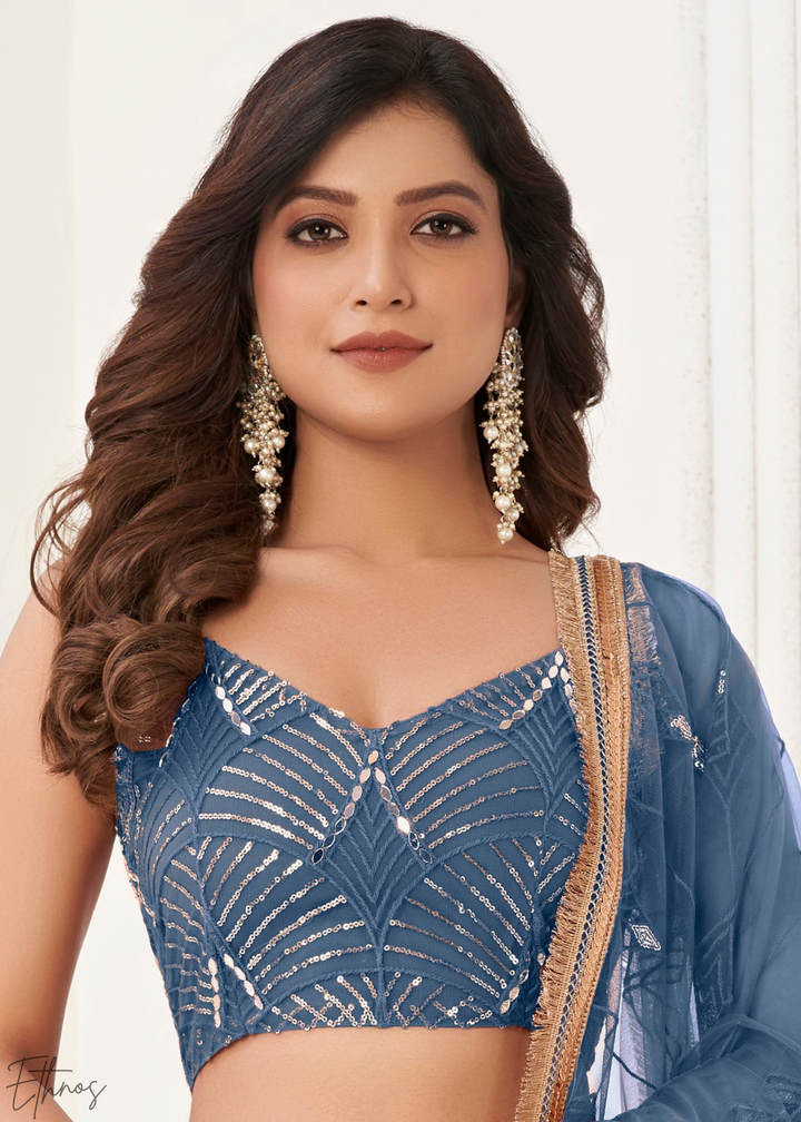 Metallic Blue Chevron Tiers Net Lehenga