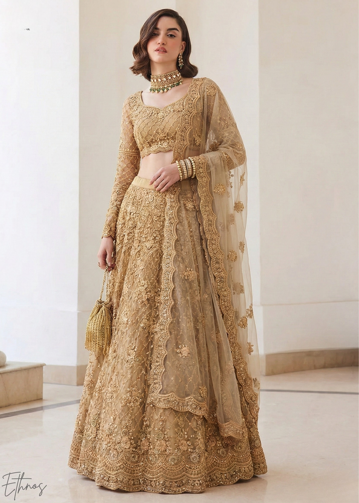 Metallic Gold All-Over Sequin Embroidered Net Lehenga