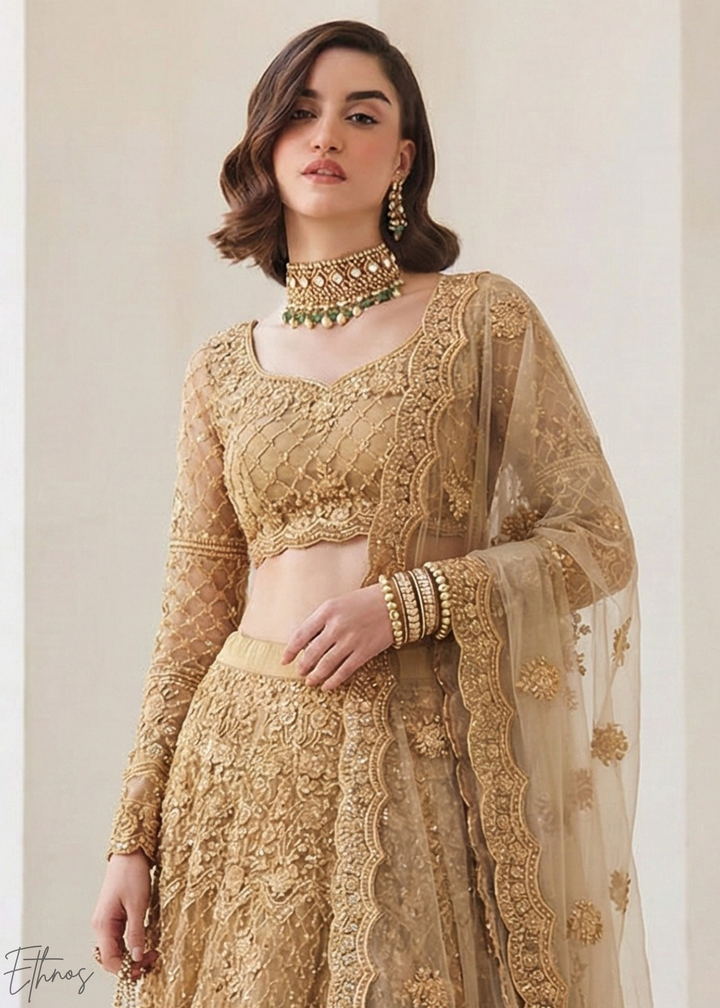 Metallic Gold All-Over Sequin Embroidered Net Lehenga