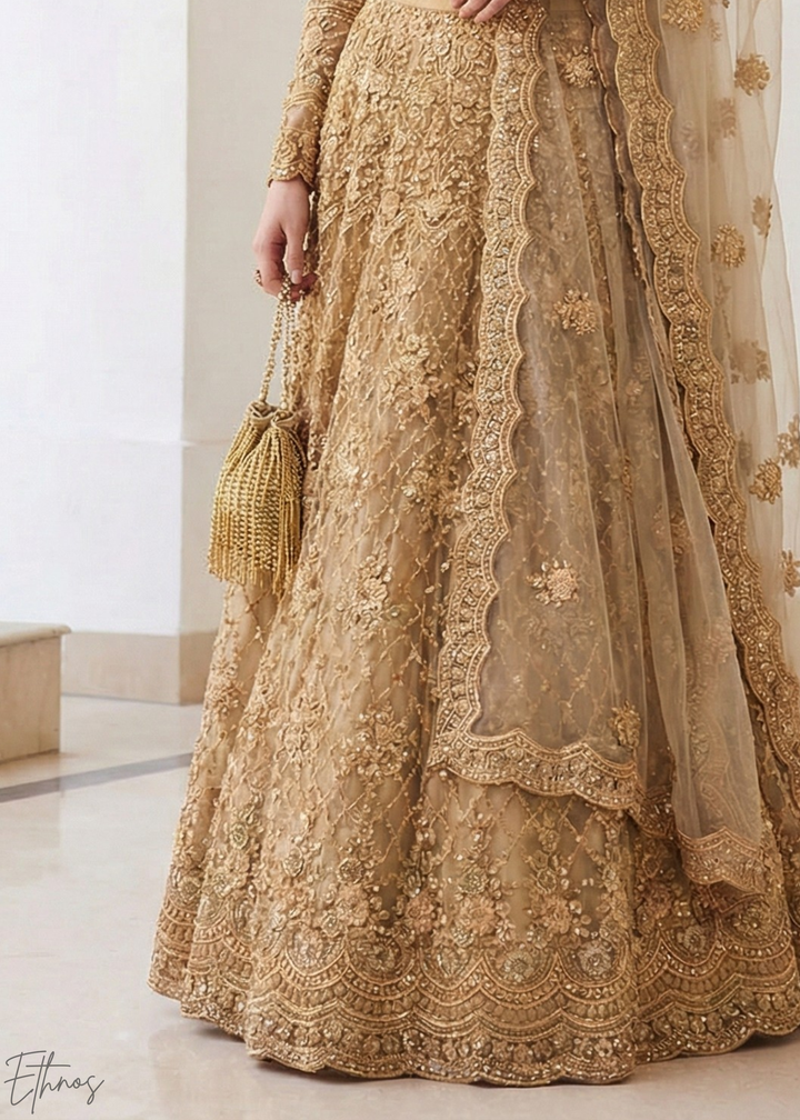 Metallic Gold All-Over Sequin Embroidered Net Lehenga