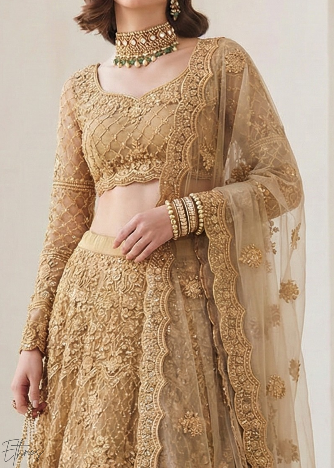Metallic Gold All-Over Sequin Embroidered Net Lehenga