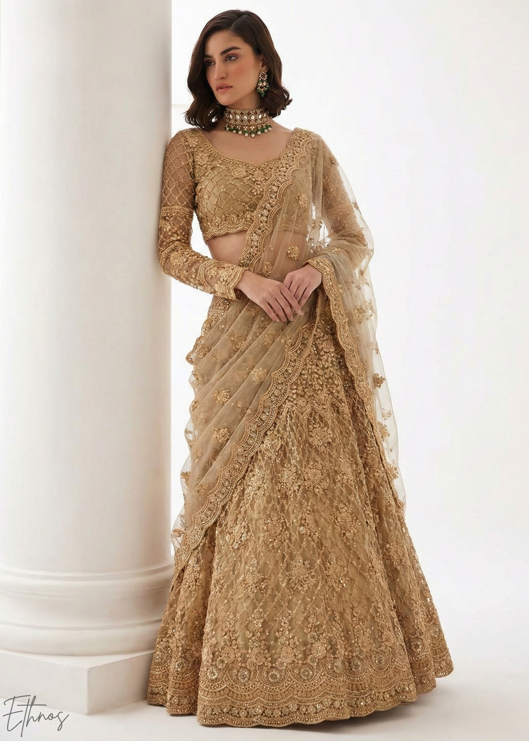 Metallic Gold All-Over Sequin Embroidered Net Lehenga