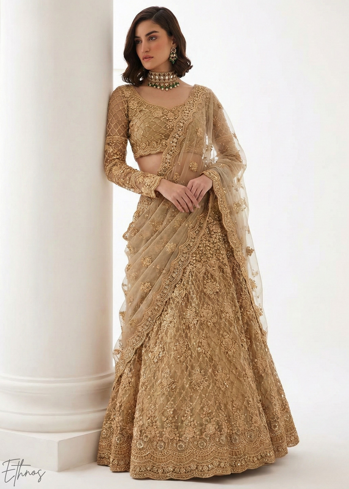 Metallic Gold All-Over Sequin Embroidered Net Lehenga