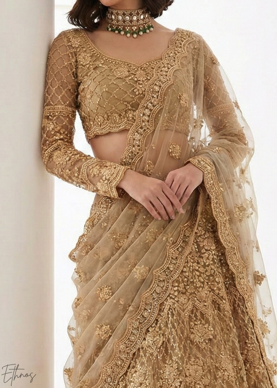 Metallic Gold All-Over Sequin Embroidered Net Lehenga