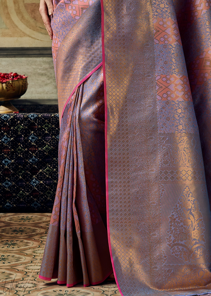 Metallic Lavender Traditional Brocade Handloom Silk Saree