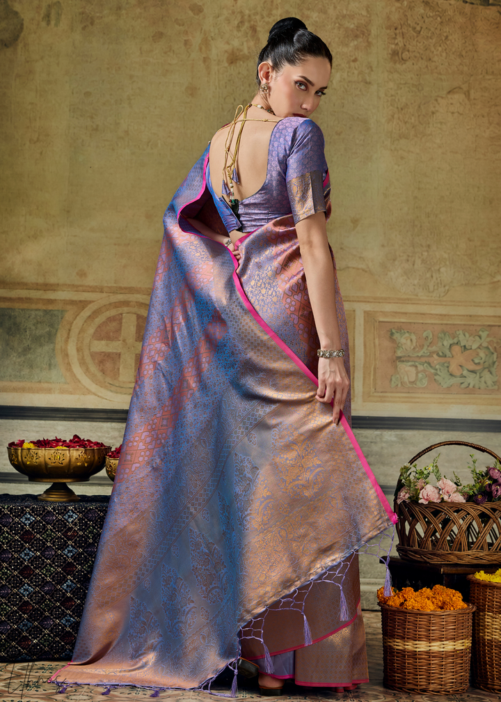 Metallic Lavender Traditional Brocade Handloom Silk Saree