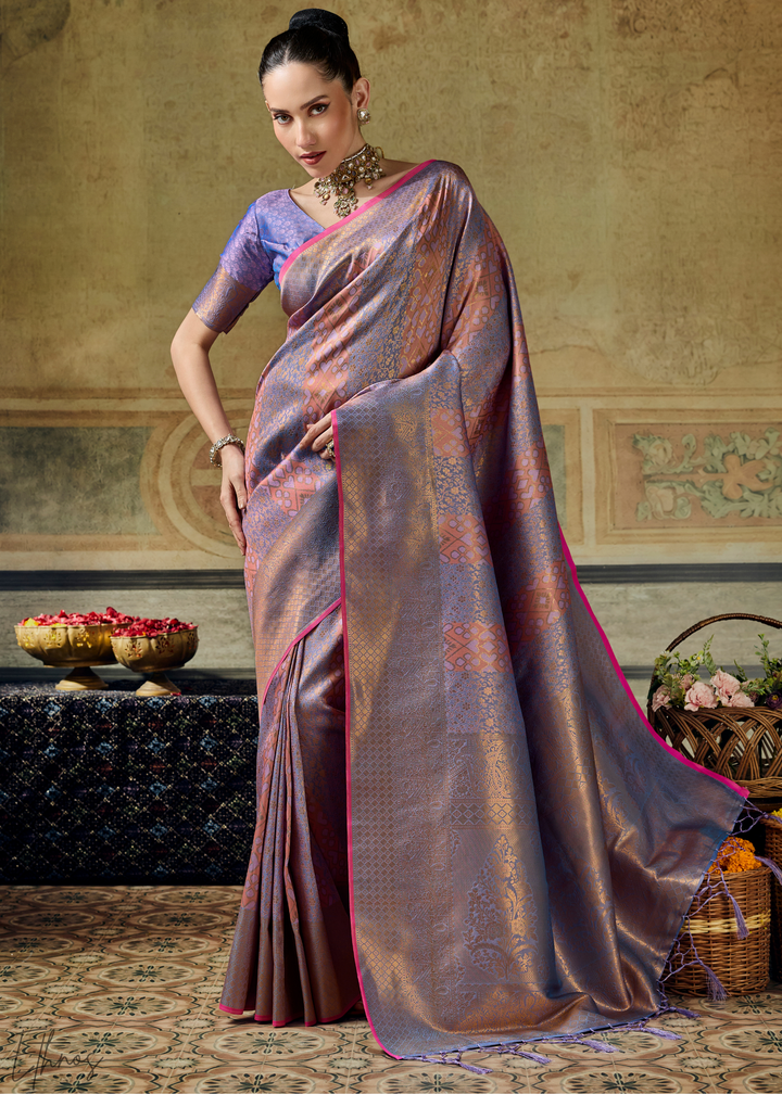 Metallic Lavender Traditional Brocade Handloom Silk Saree
