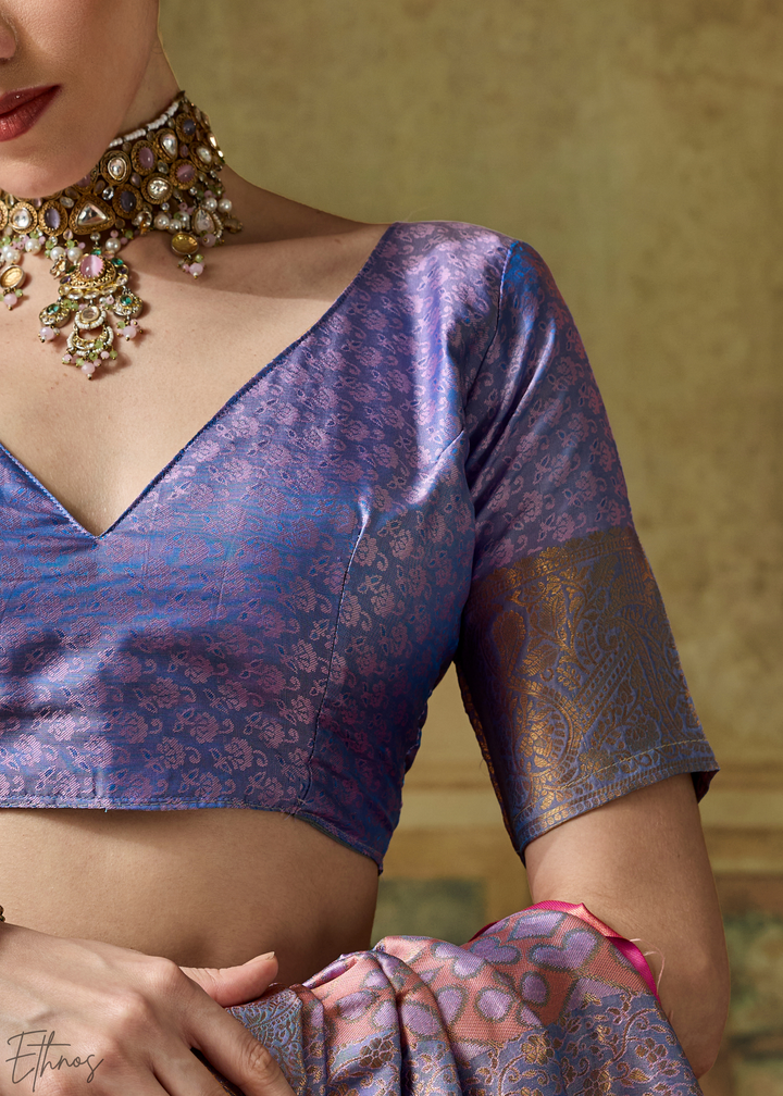Metallic Lavender Traditional Brocade Handloom Silk Saree
