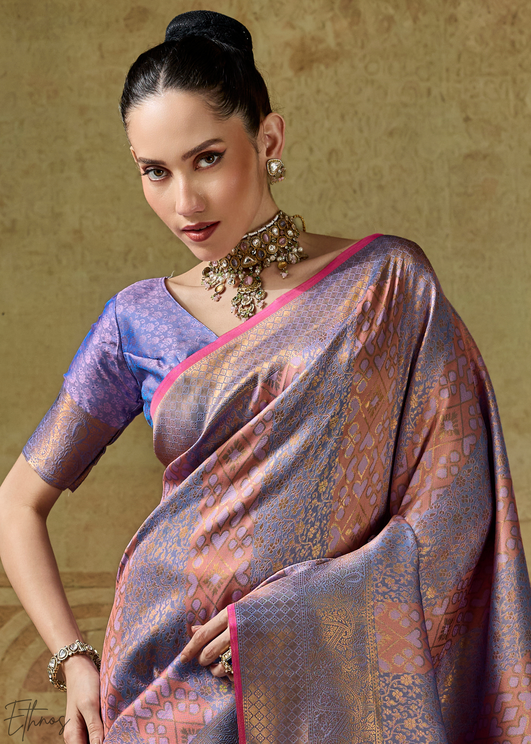 Metallic Lavender Traditional Brocade Handloom Silk Saree