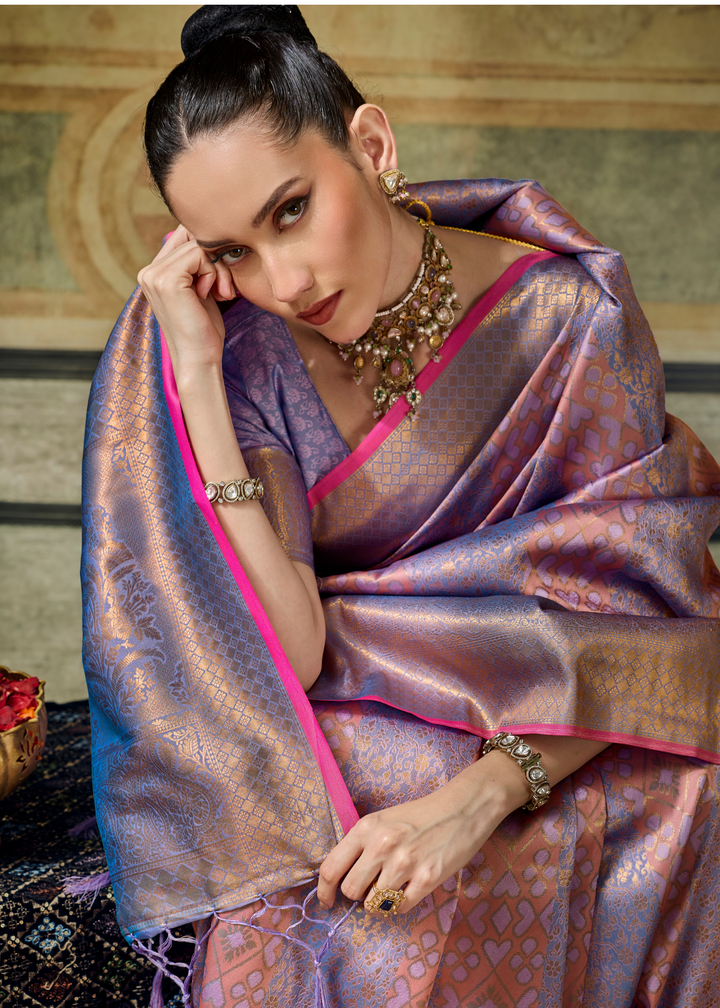 Metallic Lavender Traditional Brocade Handloom Silk Saree