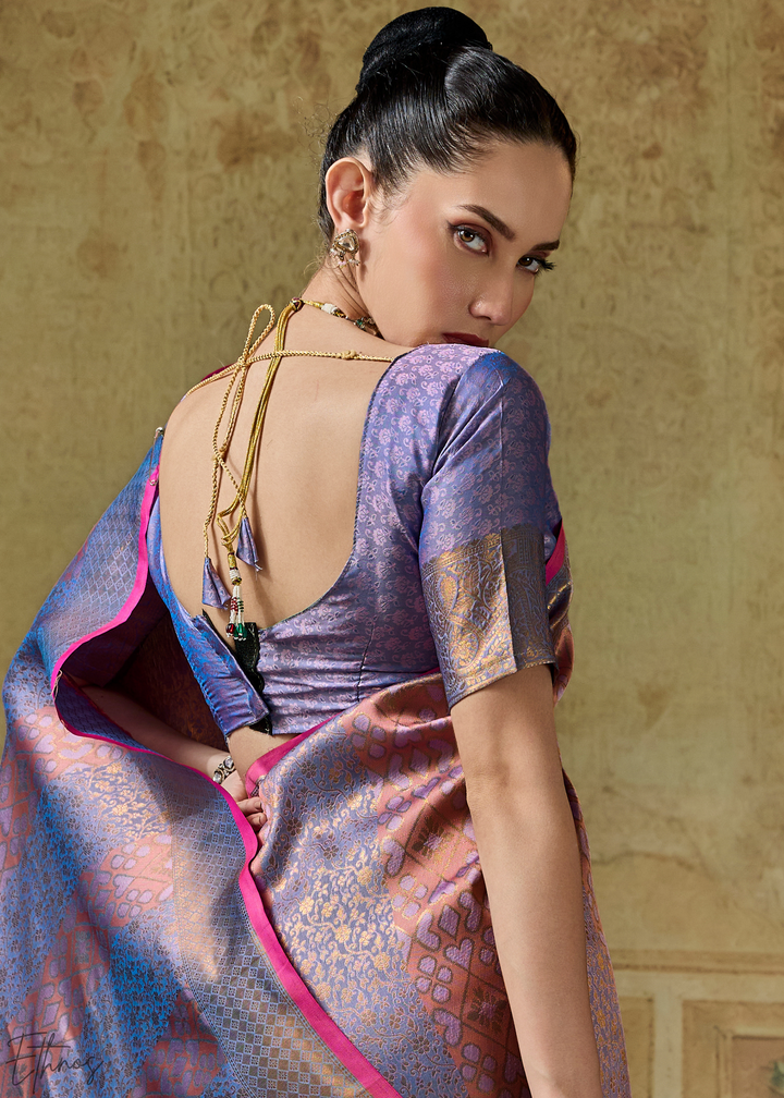 Metallic Lavender Traditional Brocade Handloom Silk Saree