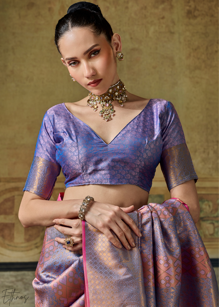 Metallic Lavender Traditional Brocade Handloom Silk Saree