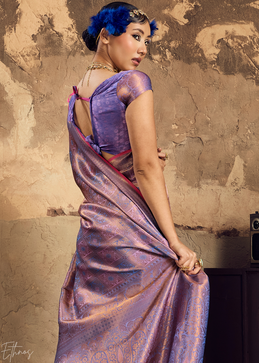 Metallic Lavender Traditional Brocade Silk Saree