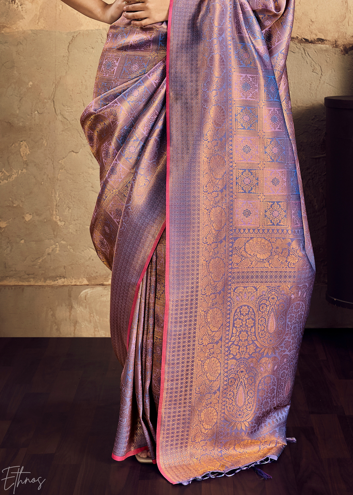Metallic Lavender Traditional Brocade Silk Saree