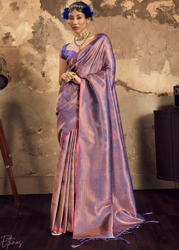 Metallic Lavender Traditional Brocade Silk Saree