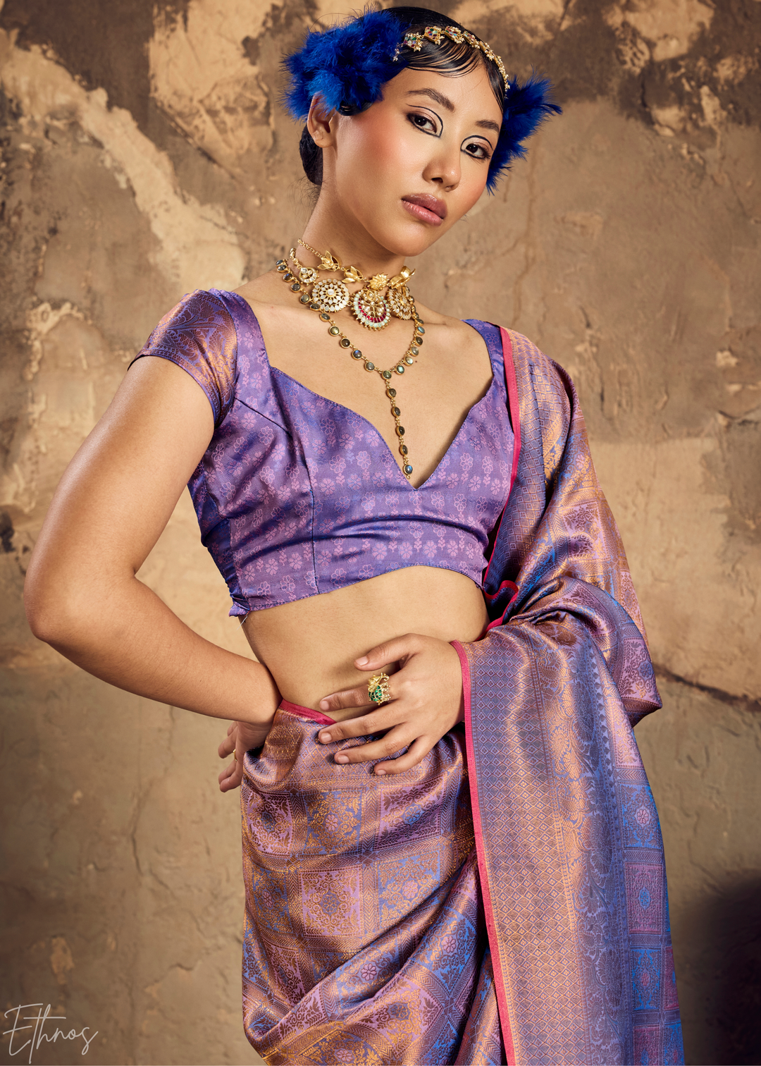 Metallic Lavender Traditional Brocade Silk Saree