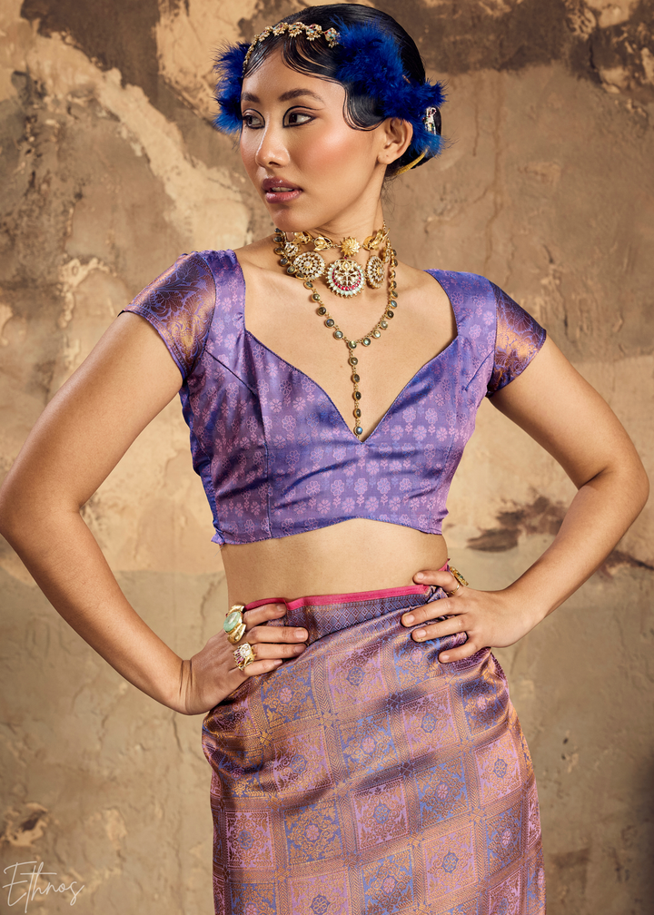 Metallic Lavender Traditional Brocade Silk Saree