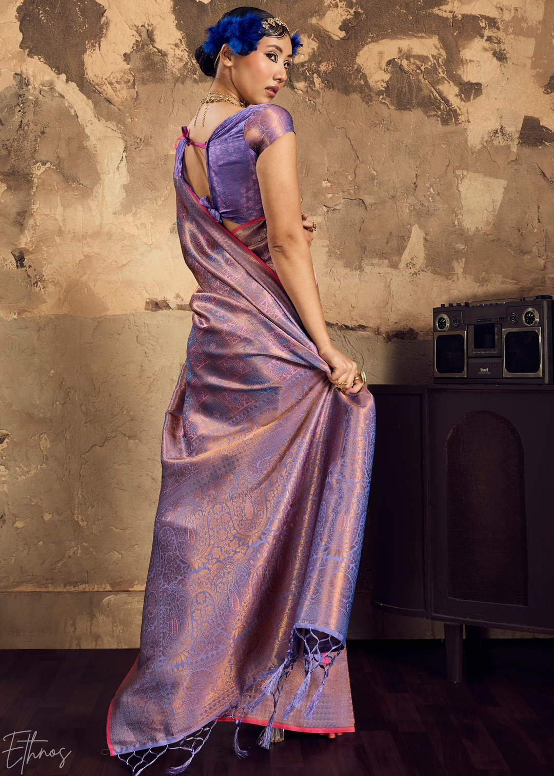 Metallic Lavender Traditional Brocade Silk Saree