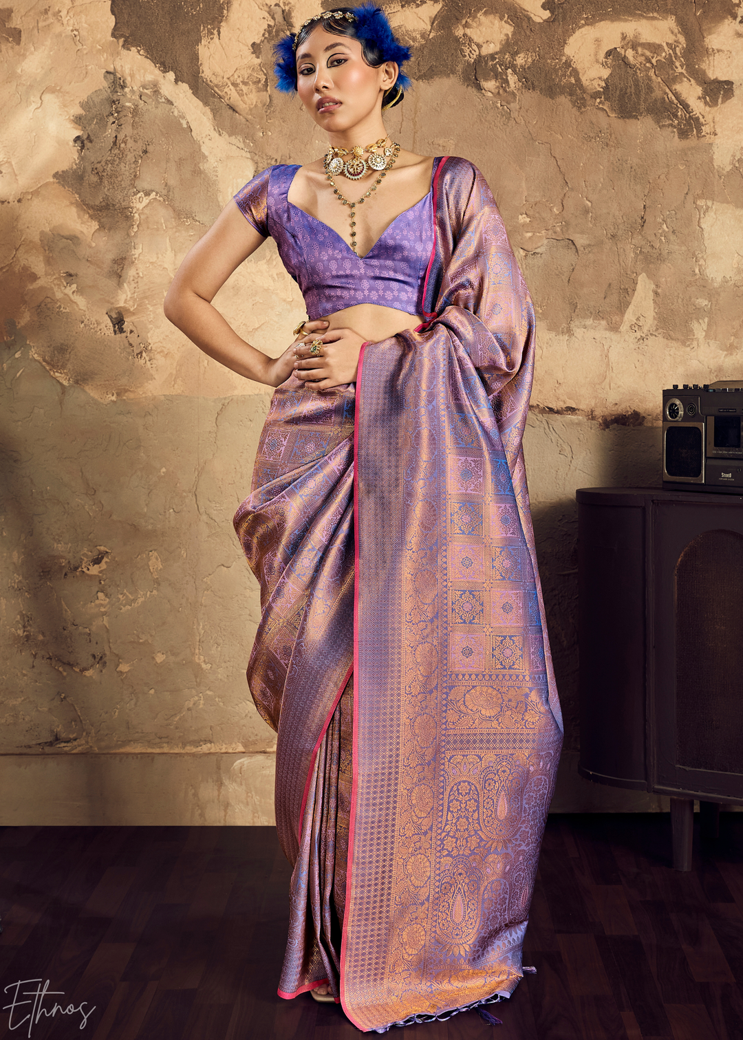 Metallic Lavender Traditional Brocade Silk Saree