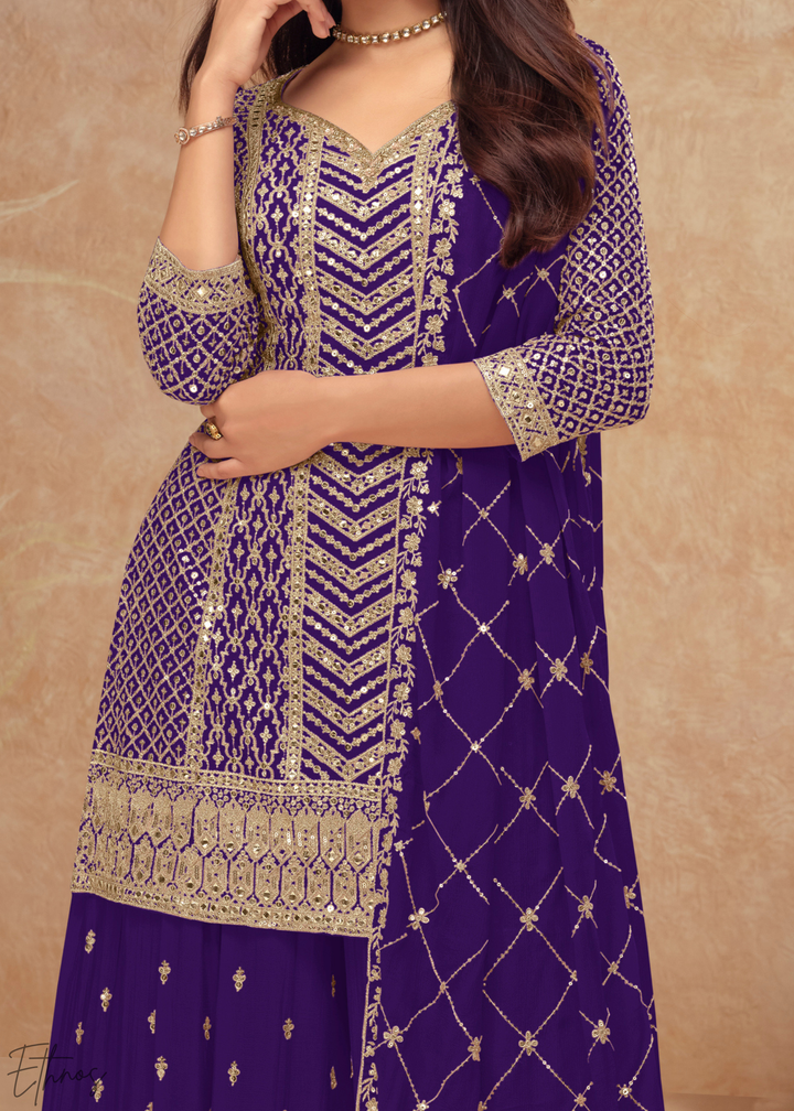 Midnight Amethyst Sequins Chinon Palazzo Suit