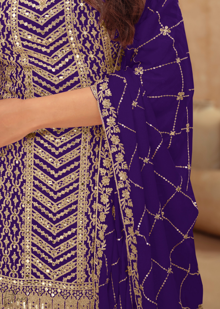 Midnight Amethyst Sequins Chinon Palazzo Suit