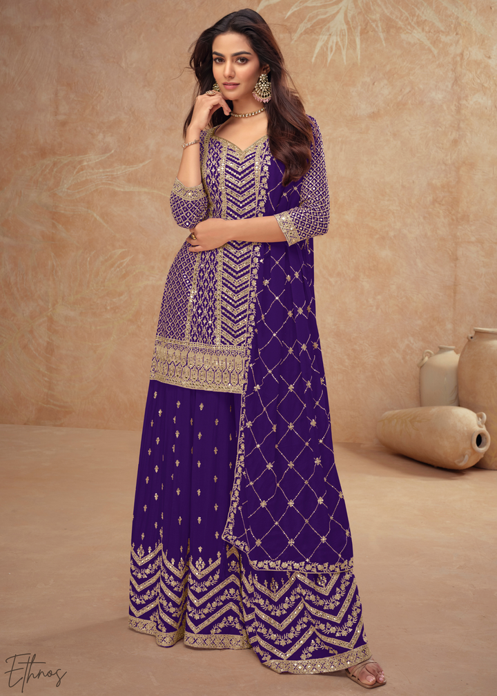 Midnight Amethyst Sequins Chinon Palazzo Suit