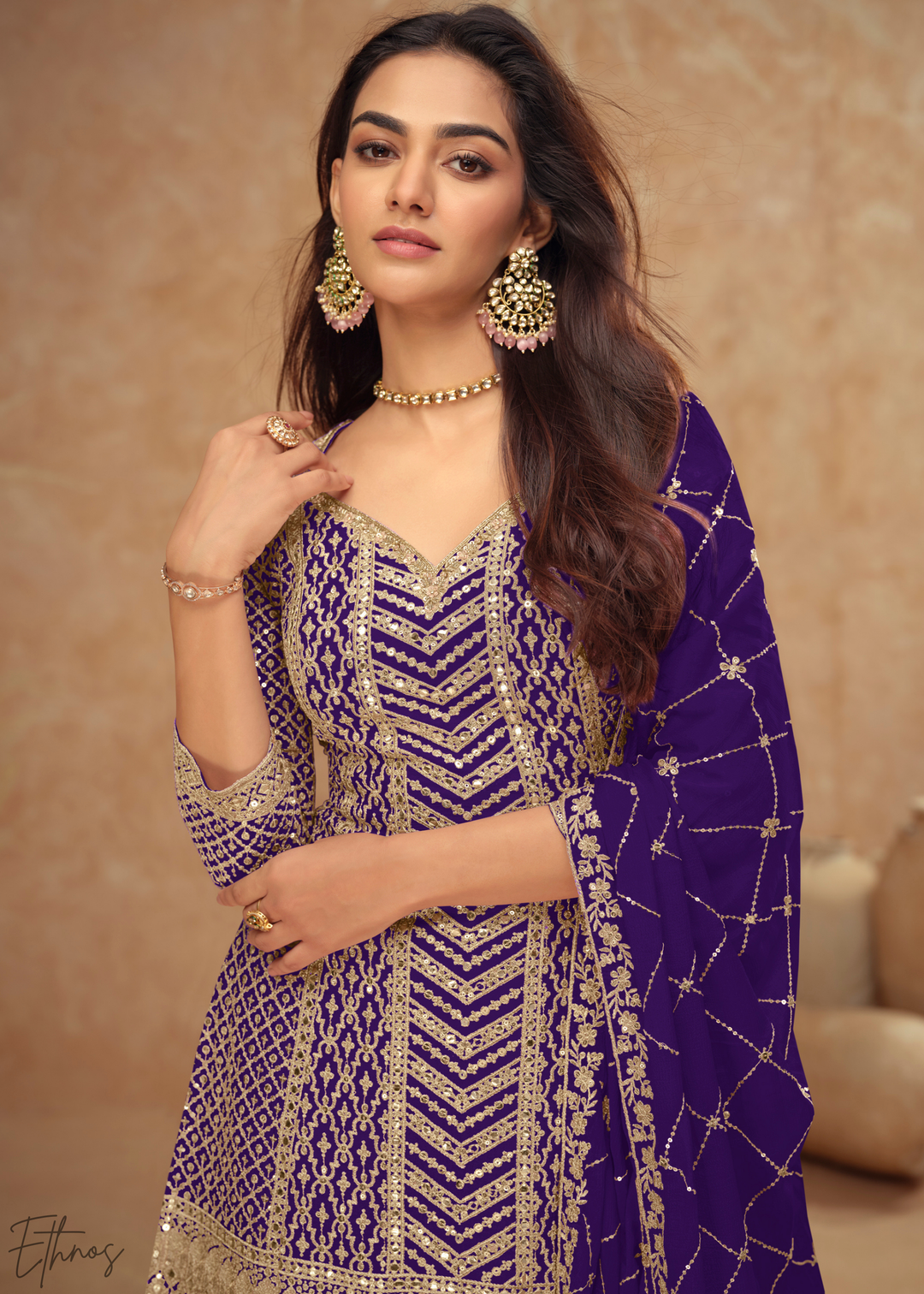 Midnight Amethyst Sequins Chinon Palazzo Suit
