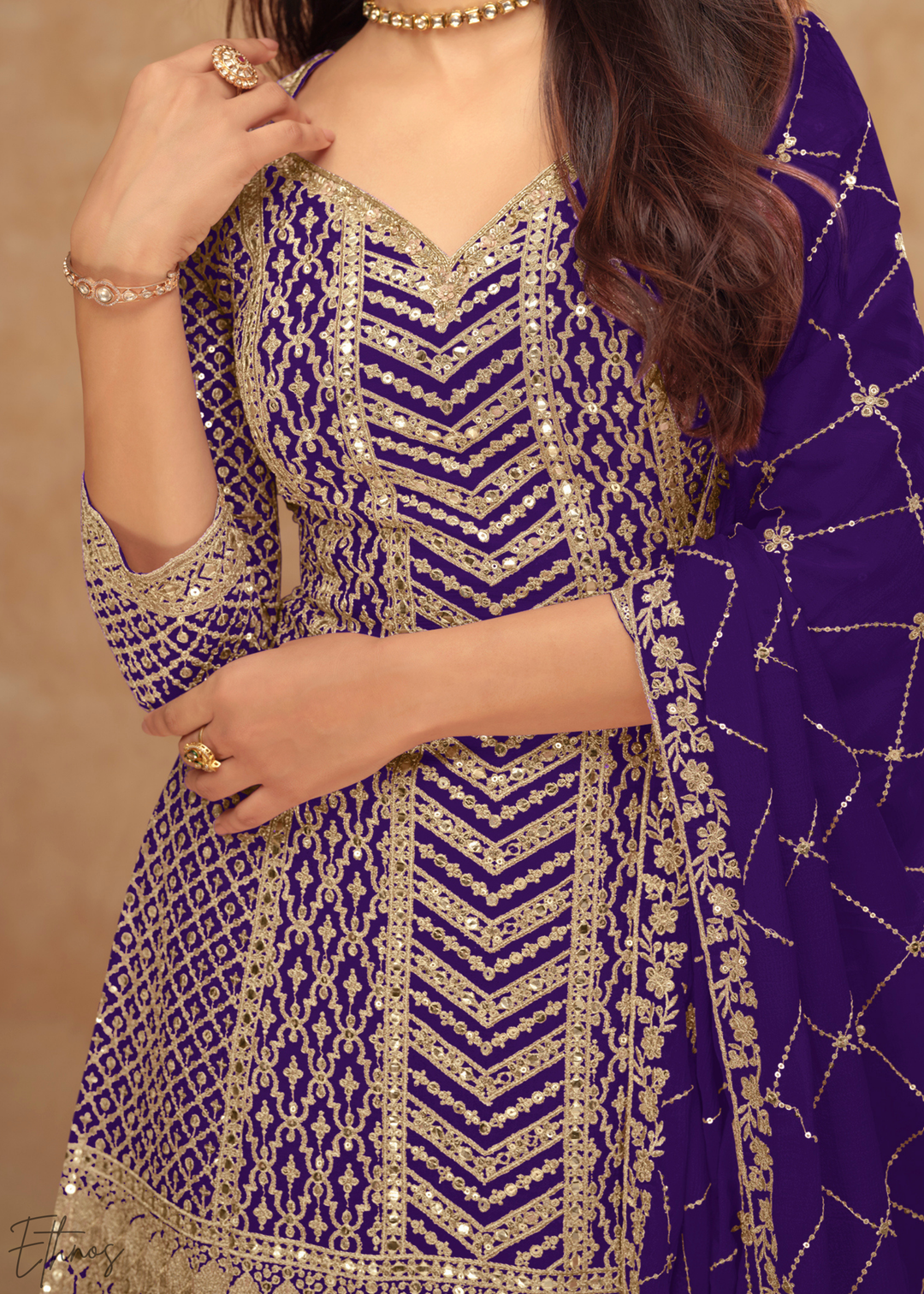 Midnight Amethyst Sequins Chinon Palazzo Suit