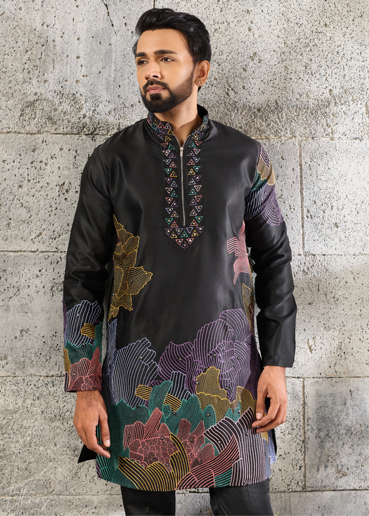 Midnight Black Abstract-Flora Silk Kurta Pajama Set