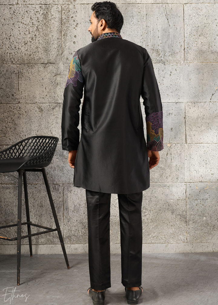 Midnight Black Abstract-Flora Silk Kurta Pajama Set