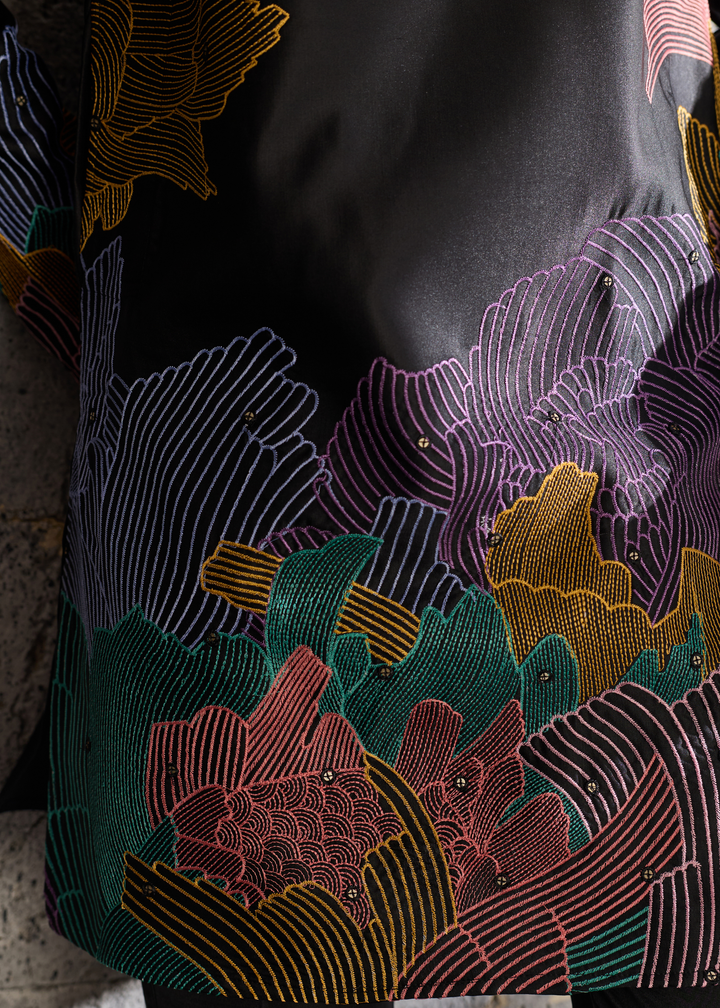 Midnight Black Abstract-Flora Silk Kurta Pajama Set