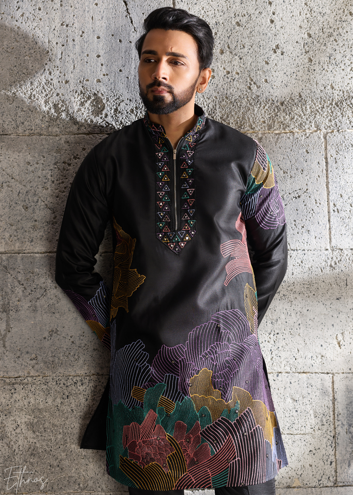 Midnight Black Abstract-Flora Silk Kurta Pajama Set