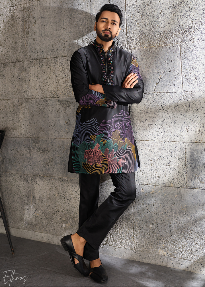 Midnight Black Abstract-Flora Silk Kurta Pajama Set