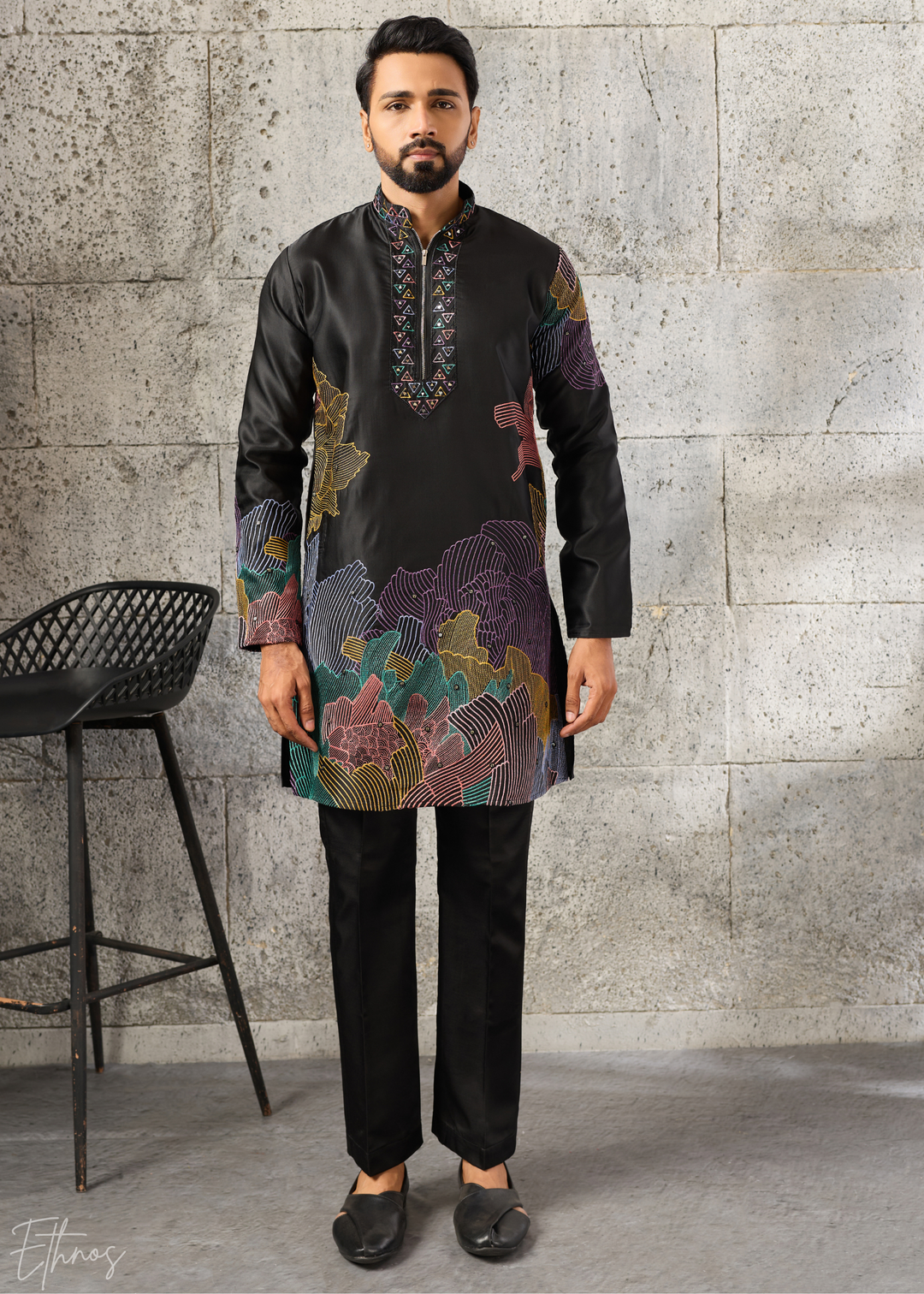 Midnight Black Abstract-Flora Silk Kurta Pajama Set