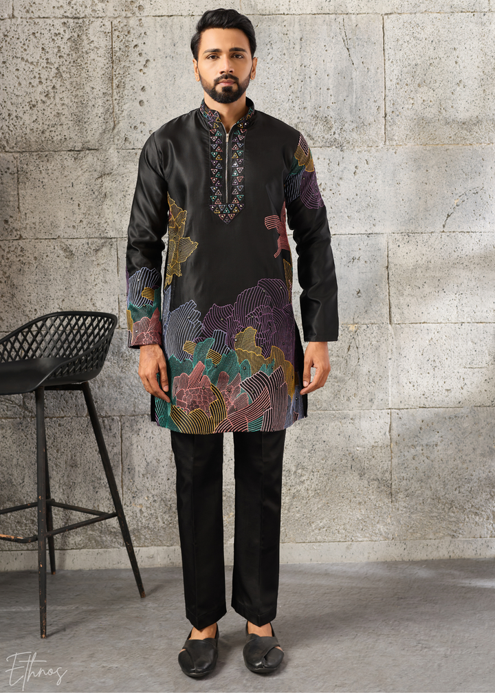 Midnight Black Abstract-Flora Silk Kurta Pajama Set