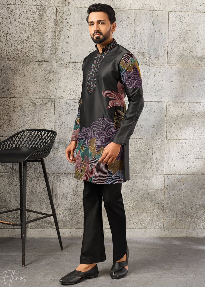Midnight Black Abstract-Flora Silk Kurta Pajama Set
