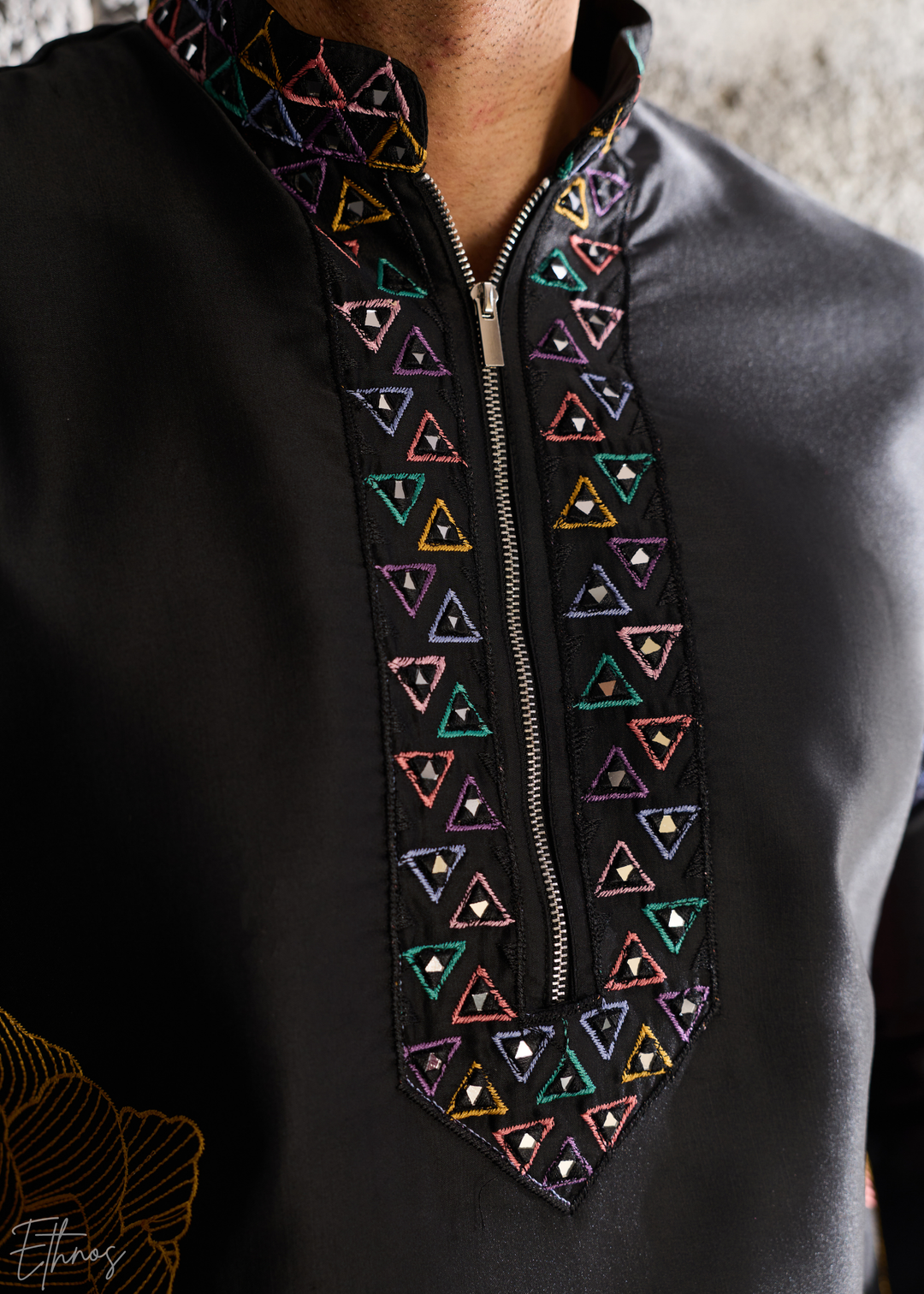 Midnight Black Abstract-Flora Silk Kurta Pajama Set