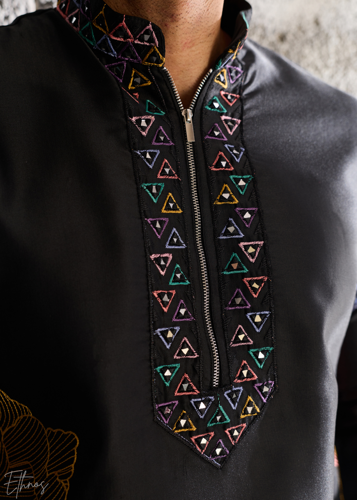 Midnight Black Abstract-Flora Silk Kurta Pajama Set