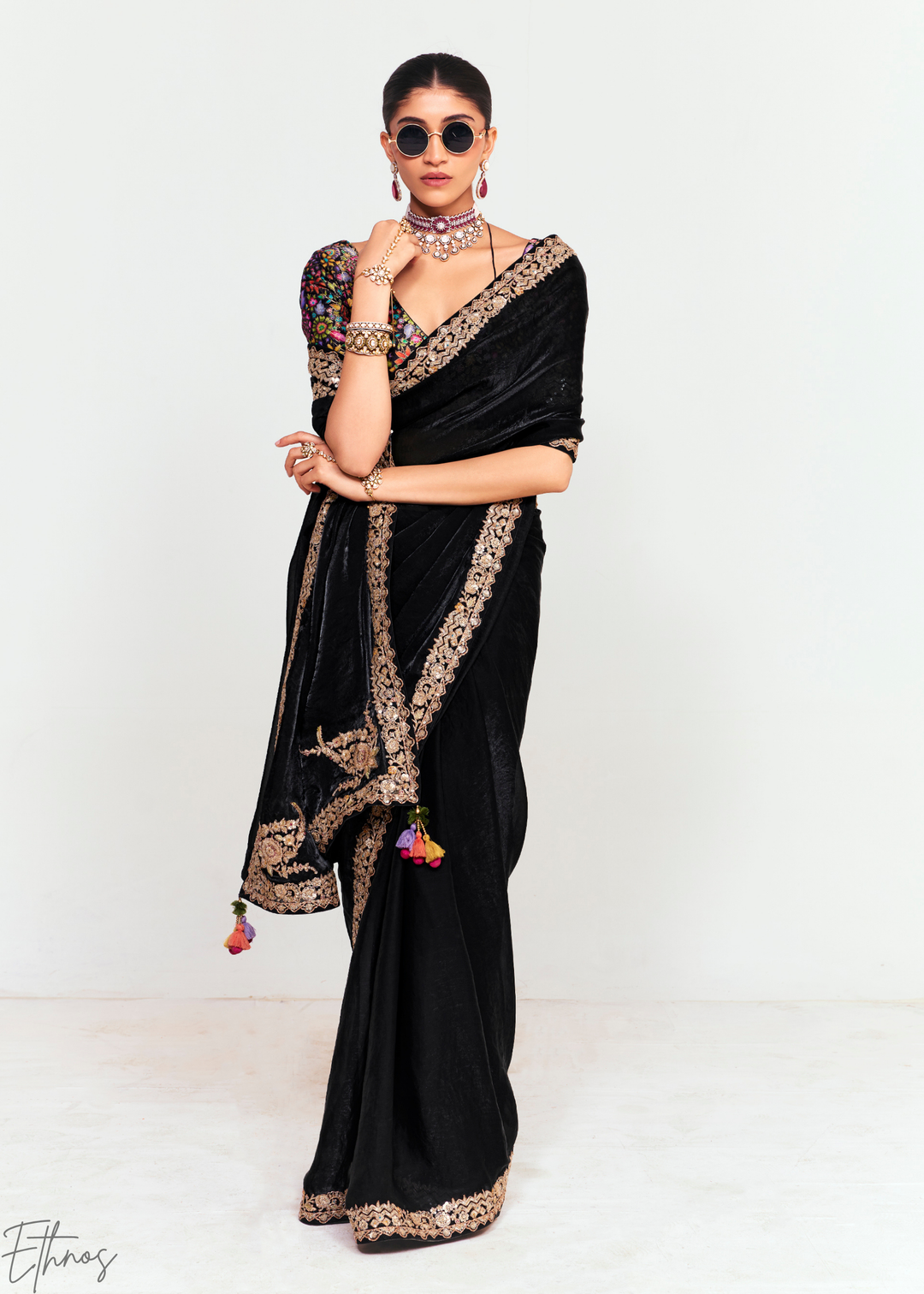 Midnight Black Embroidered Tissue Saree