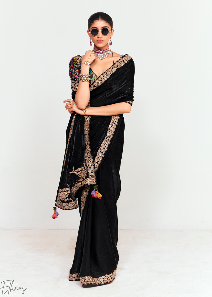 Midnight Black Embroidered Tissue Saree