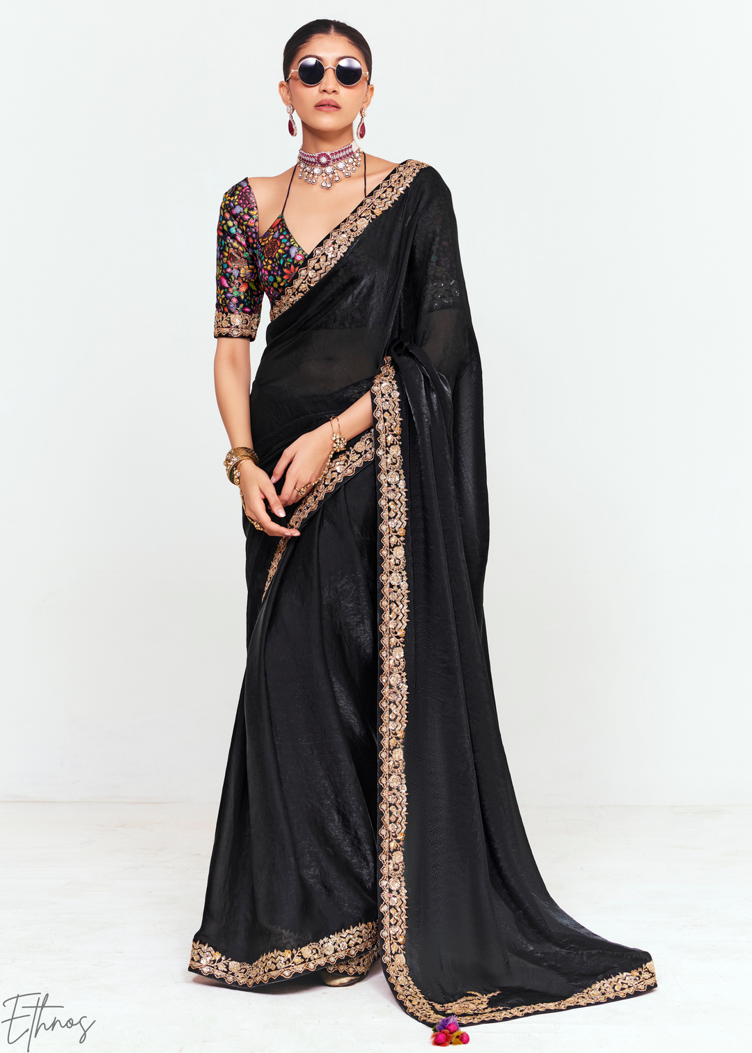 Midnight Black Embroidered Tissue Saree