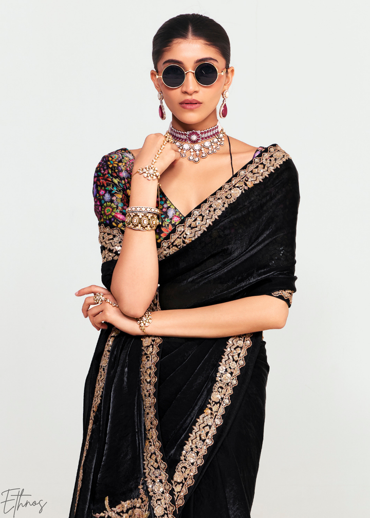 Midnight Black Embroidered Tissue Saree