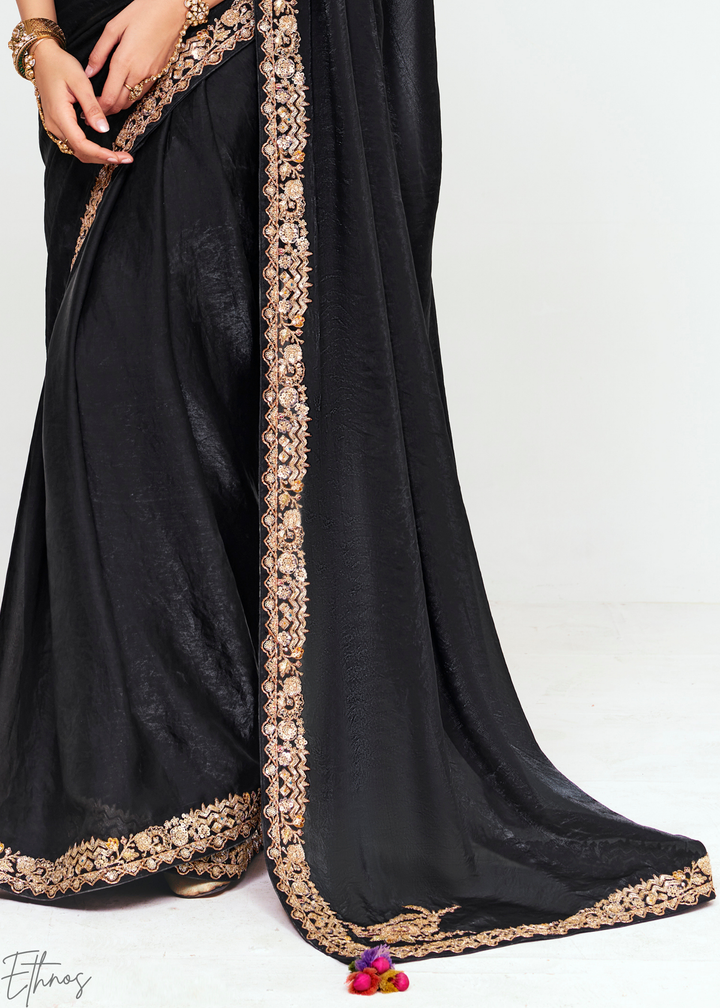 Midnight Black Embroidered Tissue Saree