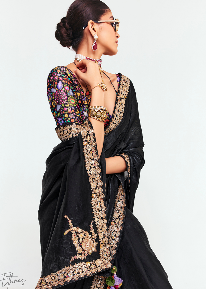 Midnight Black Embroidered Tissue Saree