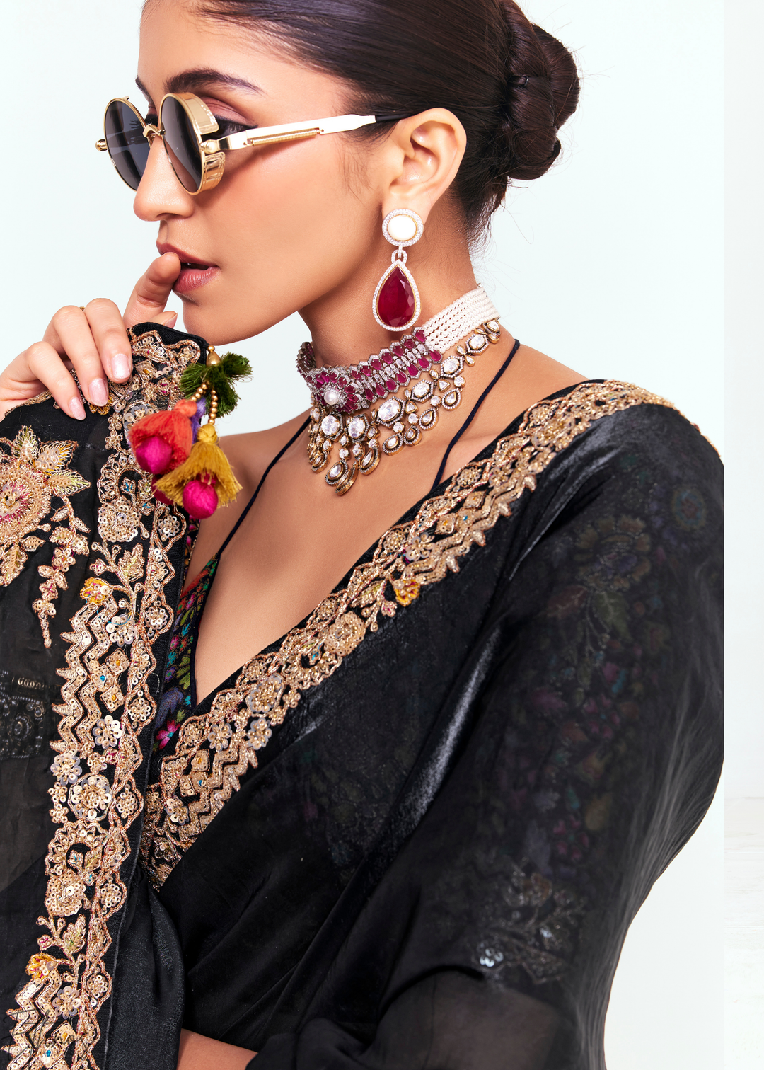 Midnight Black Embroidered Tissue Saree